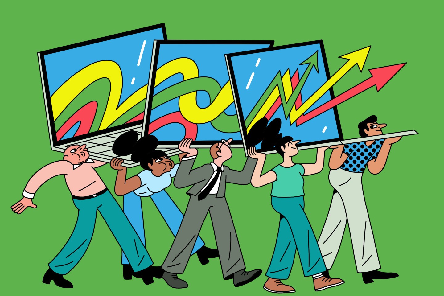 Illustration of several people carrying giant laptops