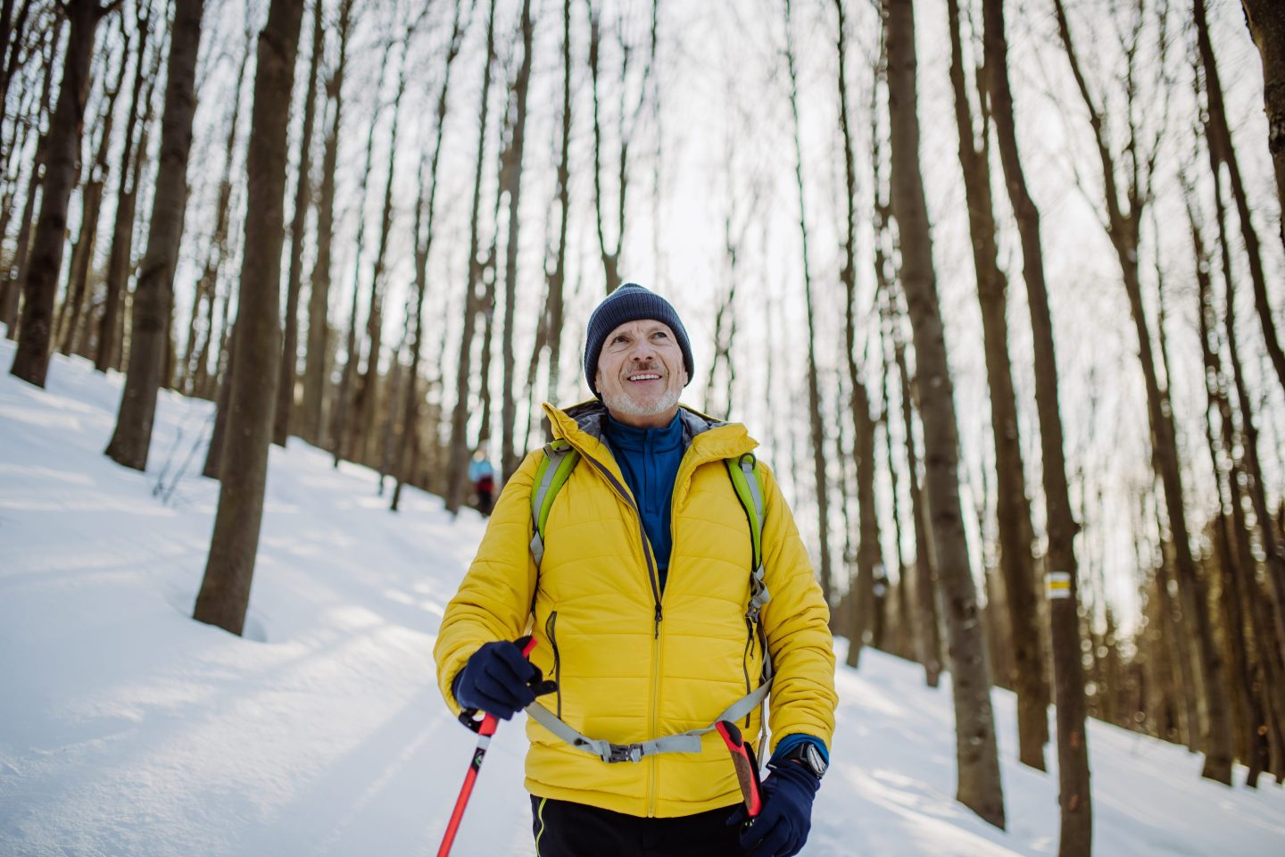 Man hikes in snowy woods