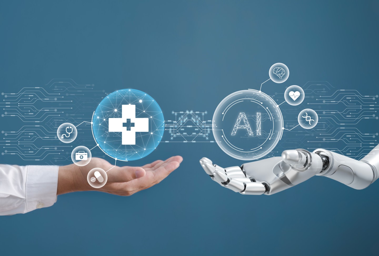 Illustration of a human and robot hand holding a pharmacy and an AI symbol, respectively.
