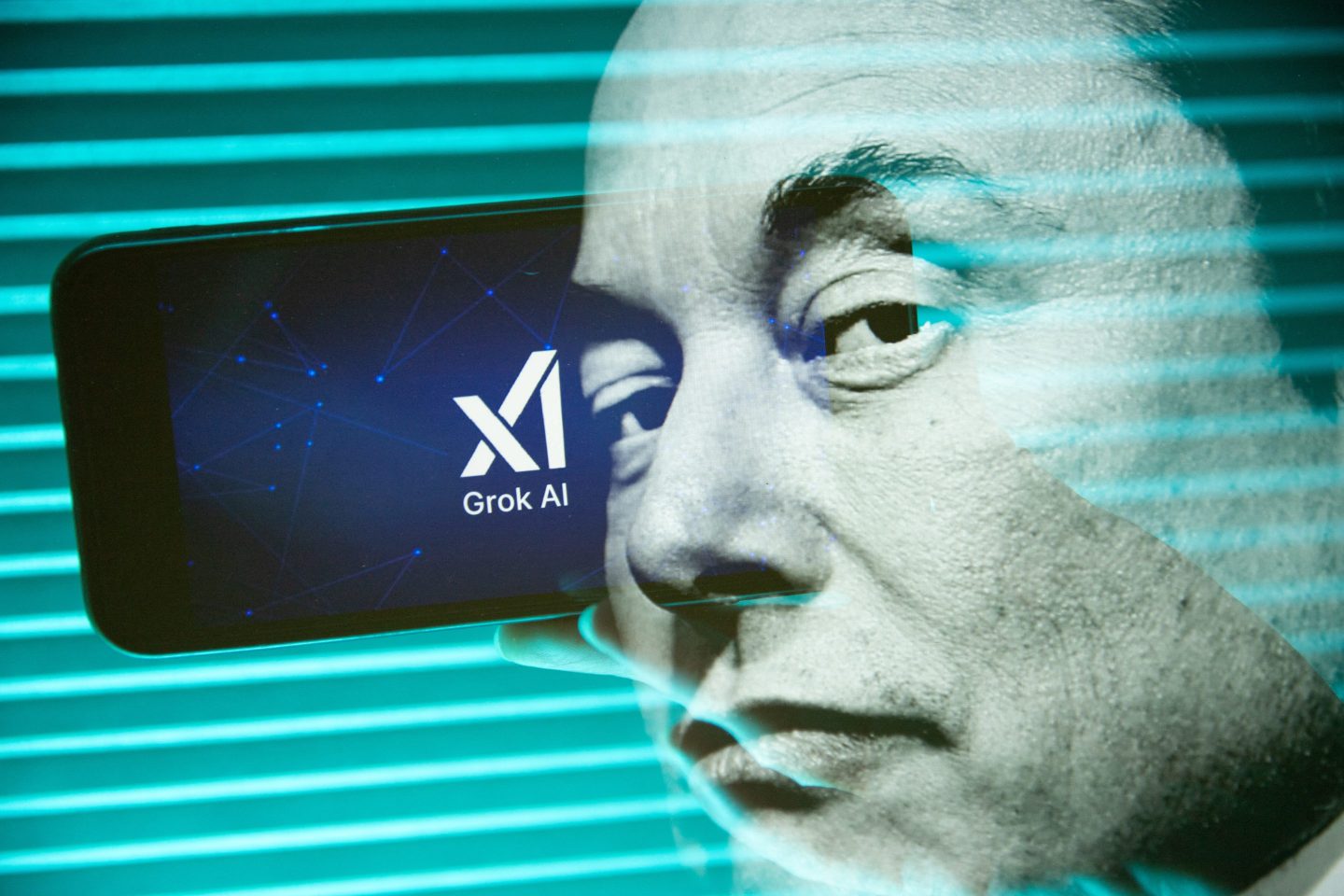 Illustration of Elon Musk in front of the xAI logo.