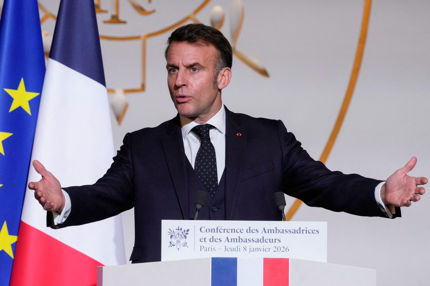 President of France Emmanuel Macron speaks during an ambassadorial event in Paris.