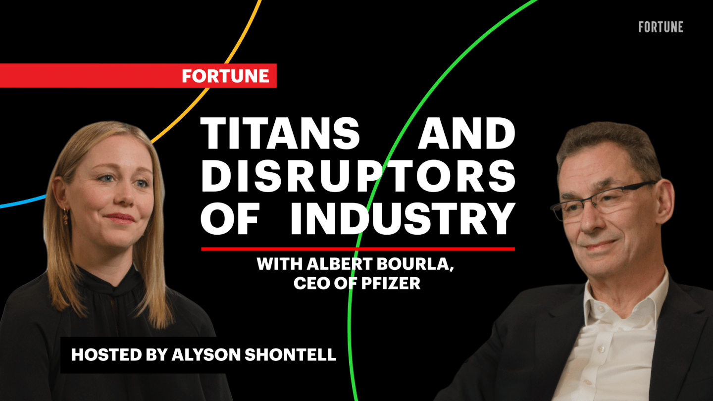 Graphic reads: Fortune Titans and Disruptors of Industry with Albert Bourla, CEO of Pfizer, Hosted by Alyson Shontell (both pictured).